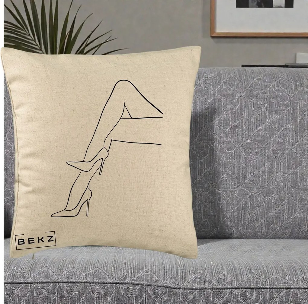 Perna Decorativa Picioare cu Tocuri Line Art, 40x40 cm, Bej, Husa Detasabila, Perna Inclusa, BEKZ®