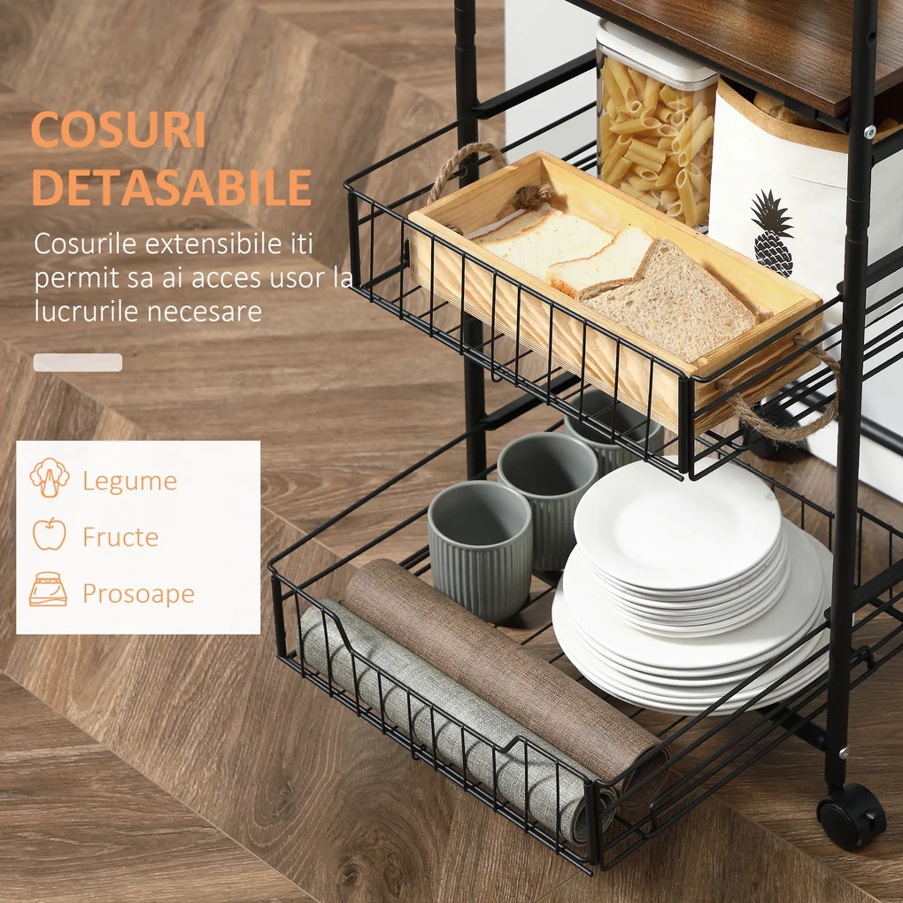 HOMCOM Cărucior Bucătărie Stil Industrial, Mobil cu Roți, Design Modern | Aosom Romania