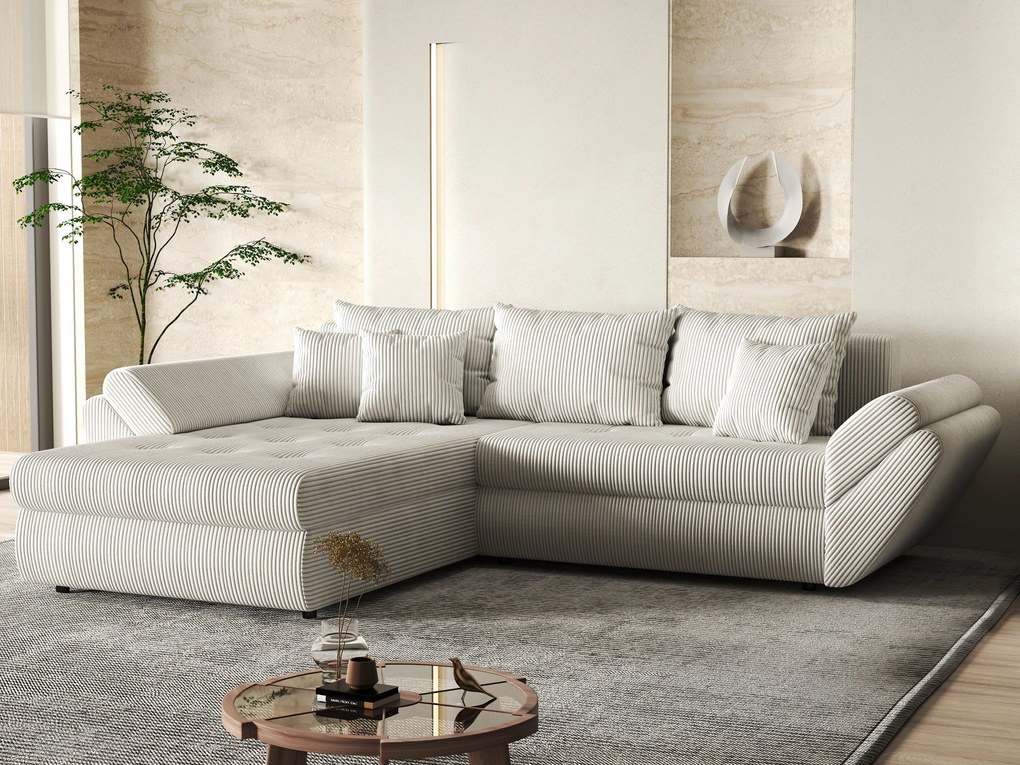 Colțar extensibil dumonde cu ladă de depozitare si sezut confortabil din spuma high-density, Loana Zoom Crem 270x185 cm