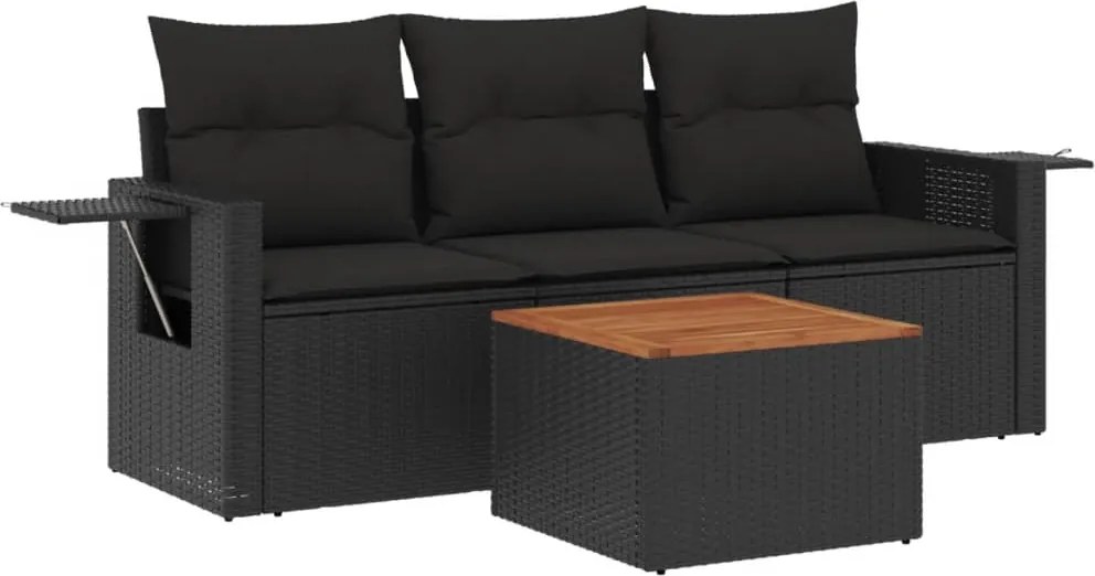 vidaXL Set mobilier de grădină cu perne, 4 piese, negru, poliratan