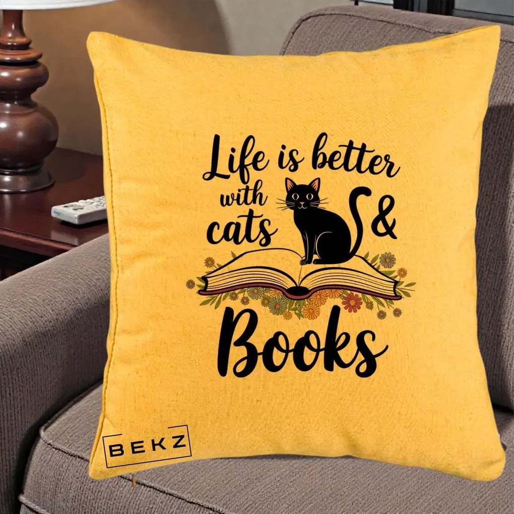 Perna Personalizata Life is Better Cats and Books, 40x40 cm, Galben, Husa Detasabila, Perna Inclusa, BEKZ®