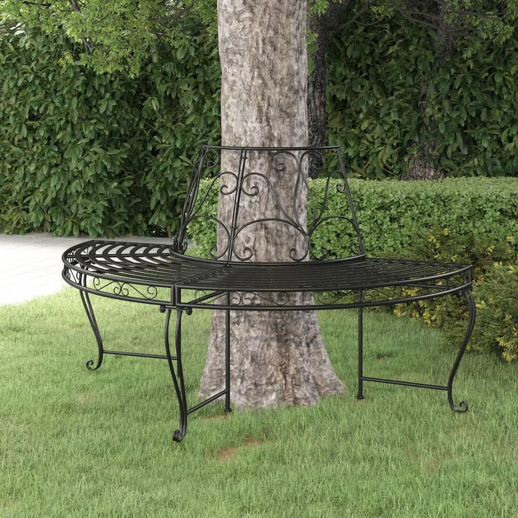 318824 vidaXL Bancă circulară de copac, negru, Ø160 cm, oțel