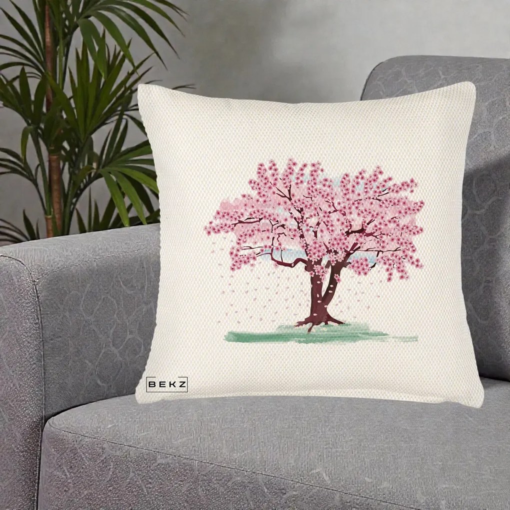 Perna Decorativa Cires Inflorit Acuarela, 40x40 cm, Crem Reliefat, Husa Detasabila, Perna Inclusa, BEKZ®