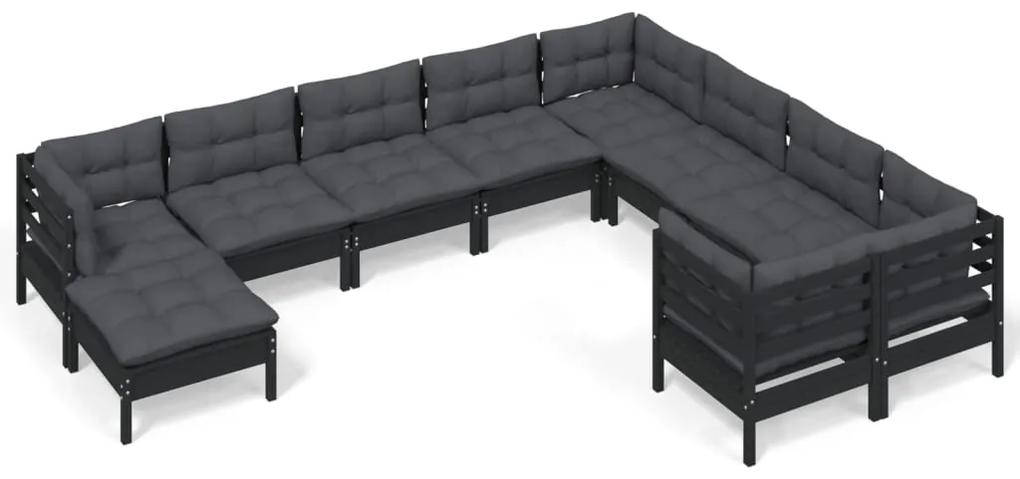 Set mobilier gradina cu perne, 10 piese, negru, lemn de pin Negru, 1