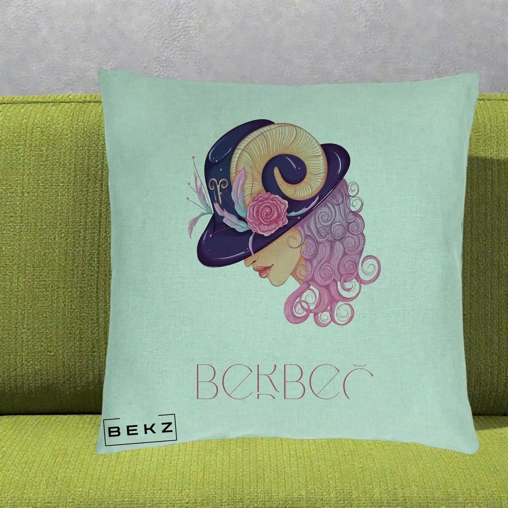 Perna Personalizata Zodie Berbec, 40x40 cm, Verde Menta, Husa Detasabila, Perna Inclusa, BEKZ®