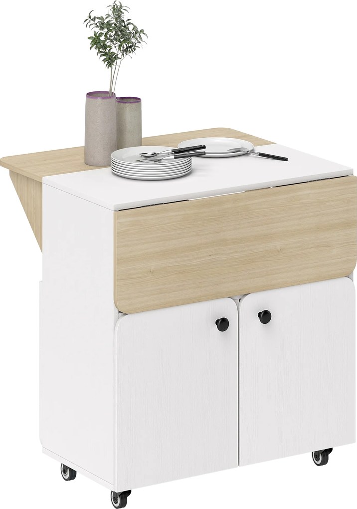 HOMCOM Masă de sufragerie pliabilă pe roți, masă de bucătărie 4 persoane, 2 blaturi rabatabile, etajeră, dulap, 70x83x75cm, alb | Aosom Romania