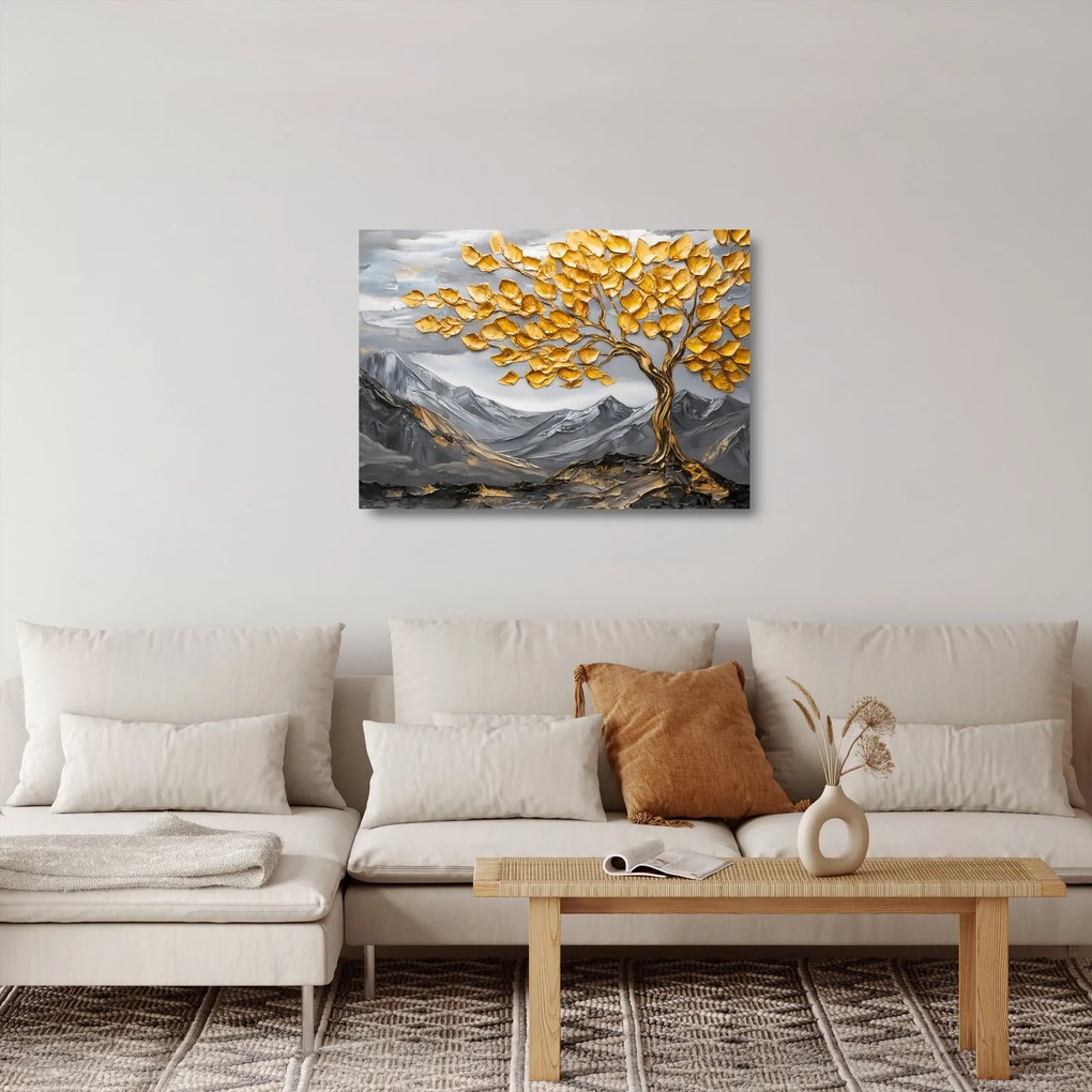 Tablou pe sticlă – Arbore cu frunze aurii (70x50 cm)