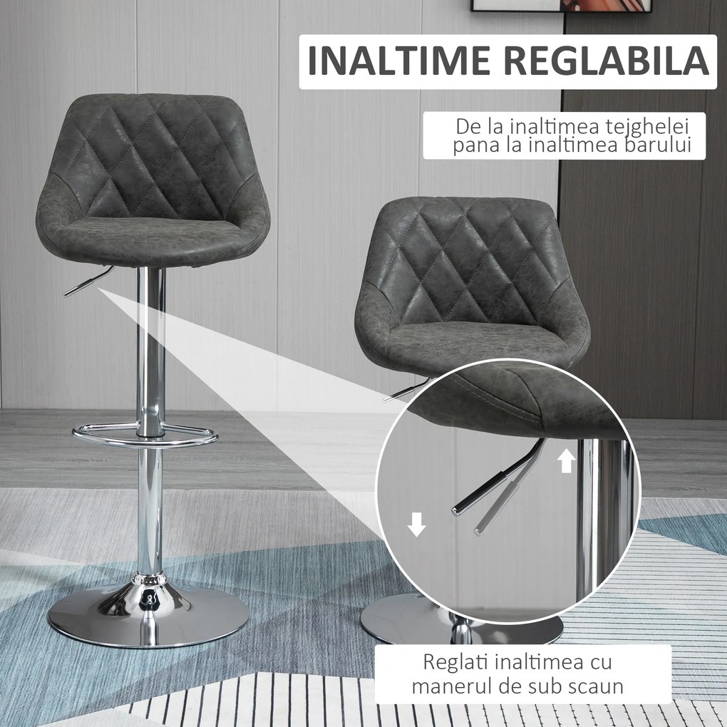 HOMCOM Set 2 Scaune Bar Pivotante Reglabile, Suport Picior, Imitație Piele, Design Modern, Gri | Aosom Romania