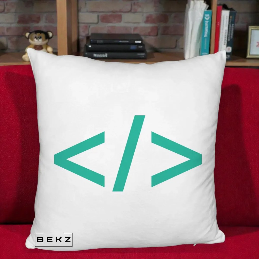 Perna Personalizata Cod HTML Turcoaz, 40x40 cm, Alb Pufos, Husa Detasabila, Perna Inclusa, BEKZ®