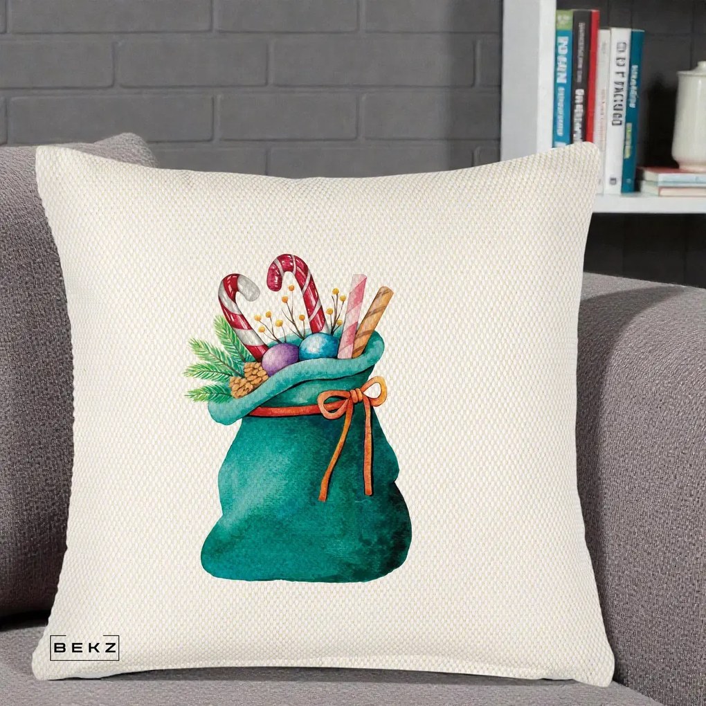 Perna Decorativa Saculet Cadouri Mos Craciun Acuarela Verde, 40x40 cm, Crem Reliefat, Husa Detasabila, Perna Inclusa, BEKZ®