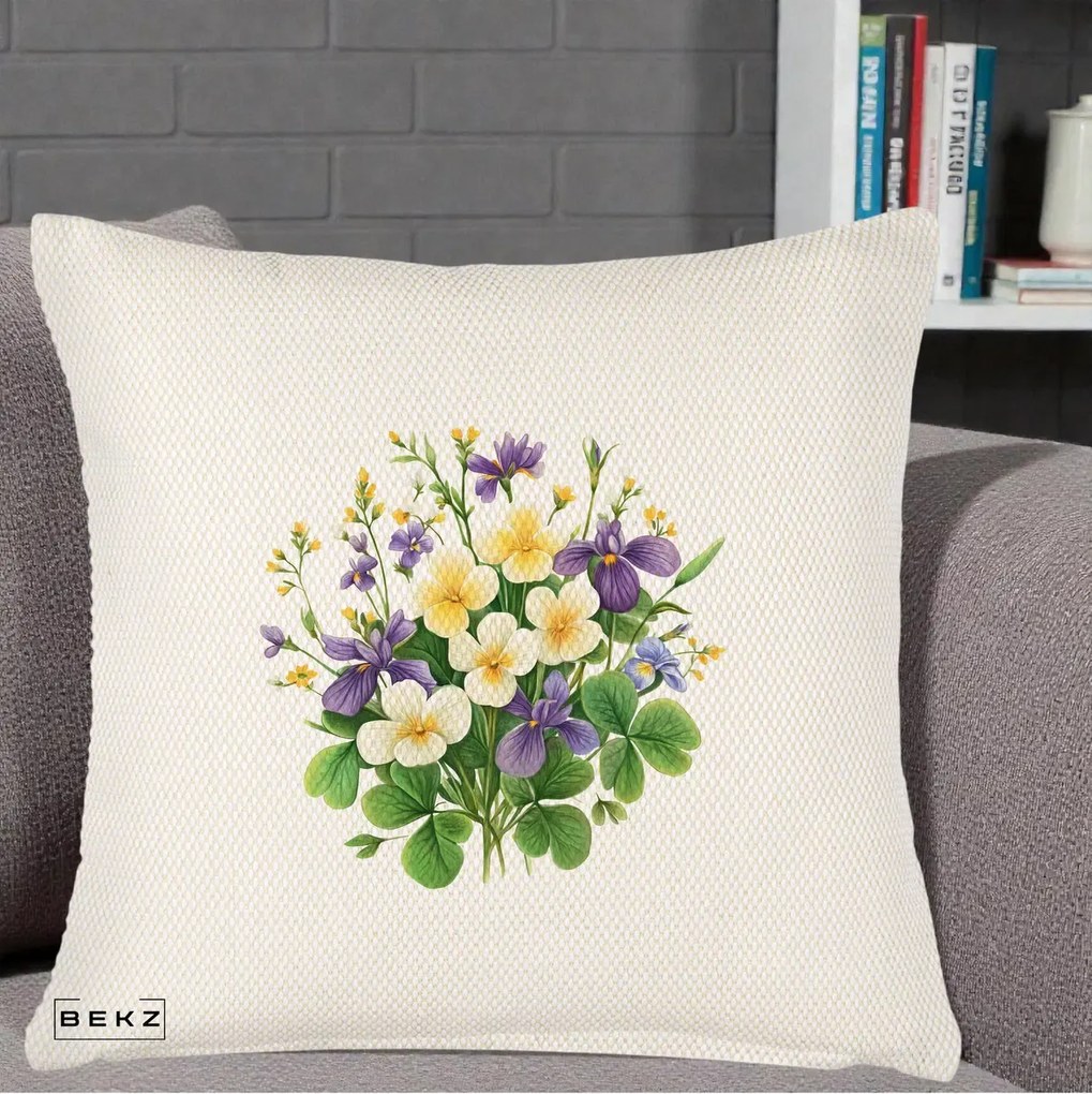 Perna Decorativa Viorele Iris Violet si Trifoi, 40x40 cm, Crem Reliefat, Husa Detasabila, Perna Inclusa, BEKZ®