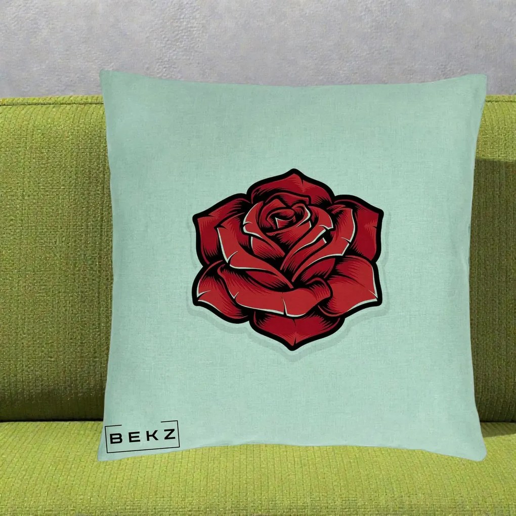 Perna Decorativa Trandafir Rosu Tattoo, 40x40 cm, Verde Menta, Husa Detasabila, Perna Inclusa, BEKZ®