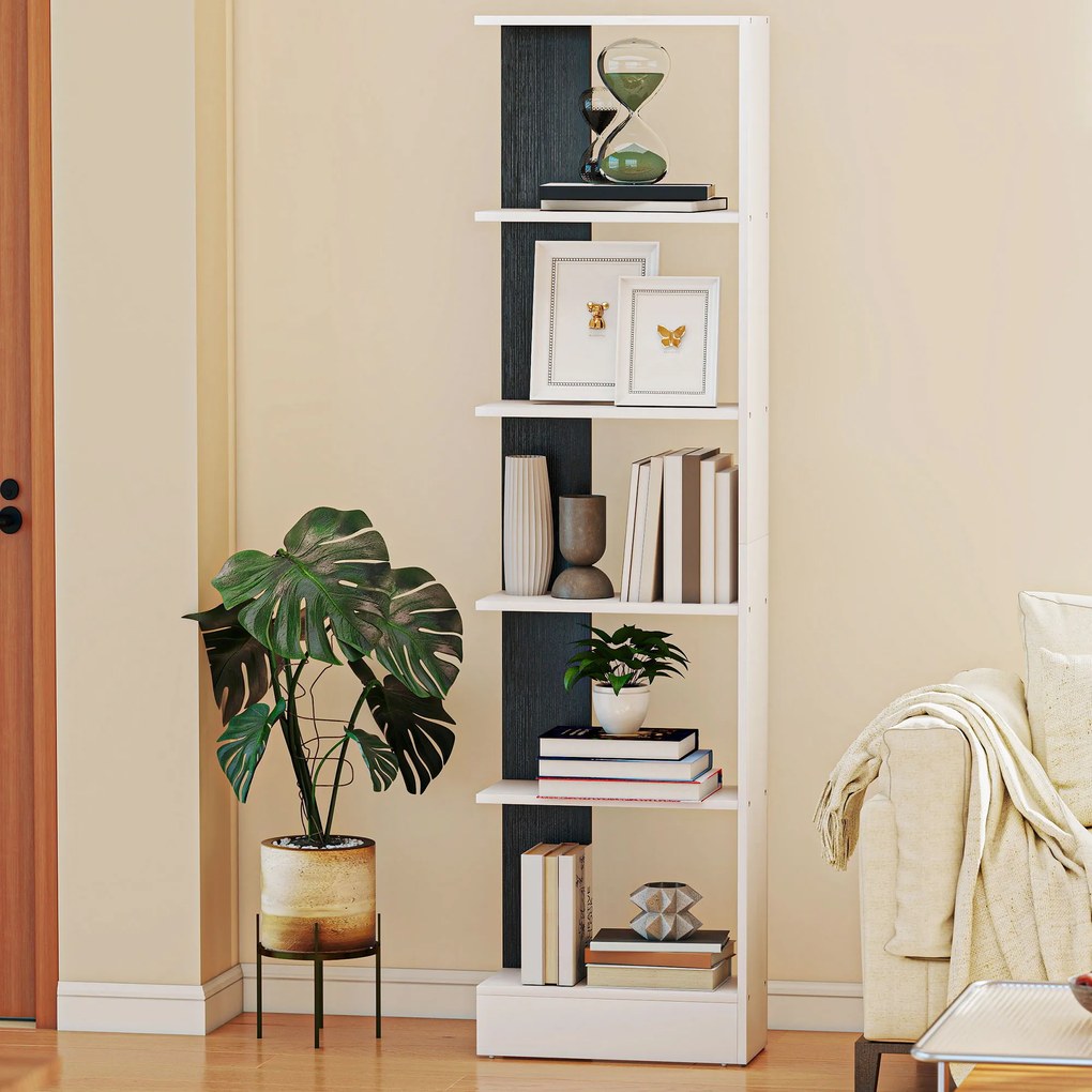 HOMCOM Raft Îngust cu 5 Etajere, Raft Economisitor de Spațiu Modern din Lemn, Bibliotecă pentru Baie, Living, Dormitor, Birou, 45x21x170 cm, Alb și Negru | Aosom Romania