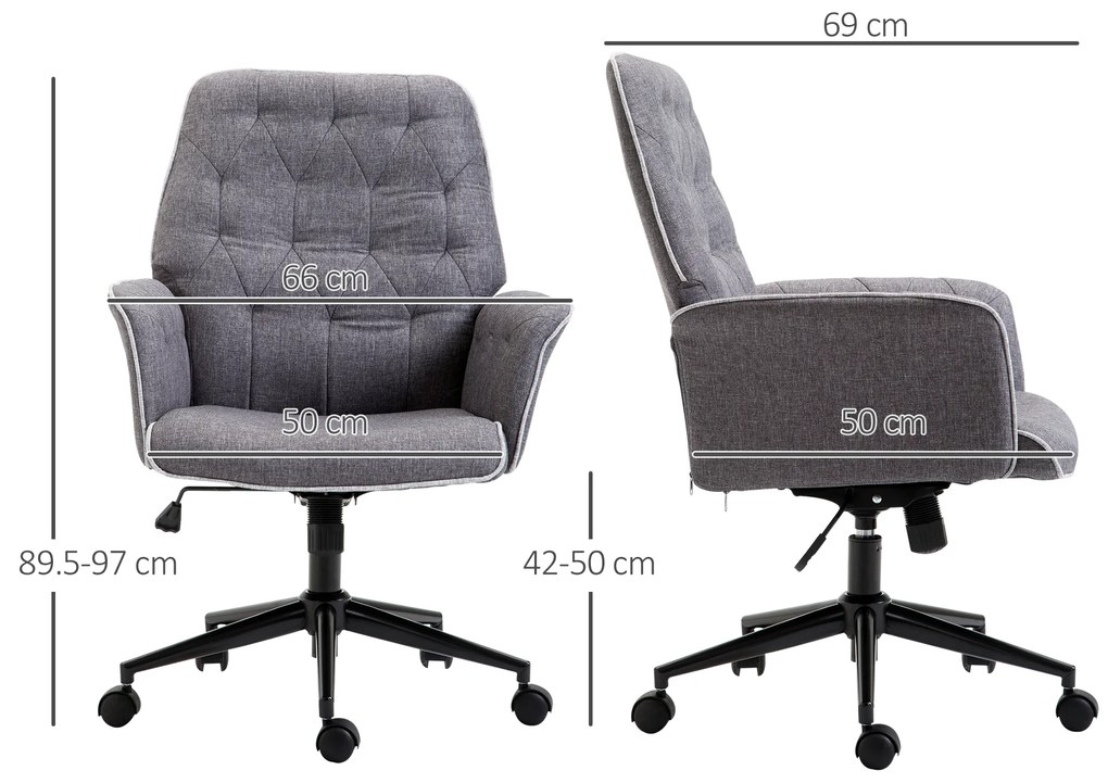 Vinsetto Scaun de Birou Ergonomic Capitonat Înălțime Reglabilă Cotiere Tesatura Efect In 66x69x89.5-97cm Gri Închis | Aosom Romania