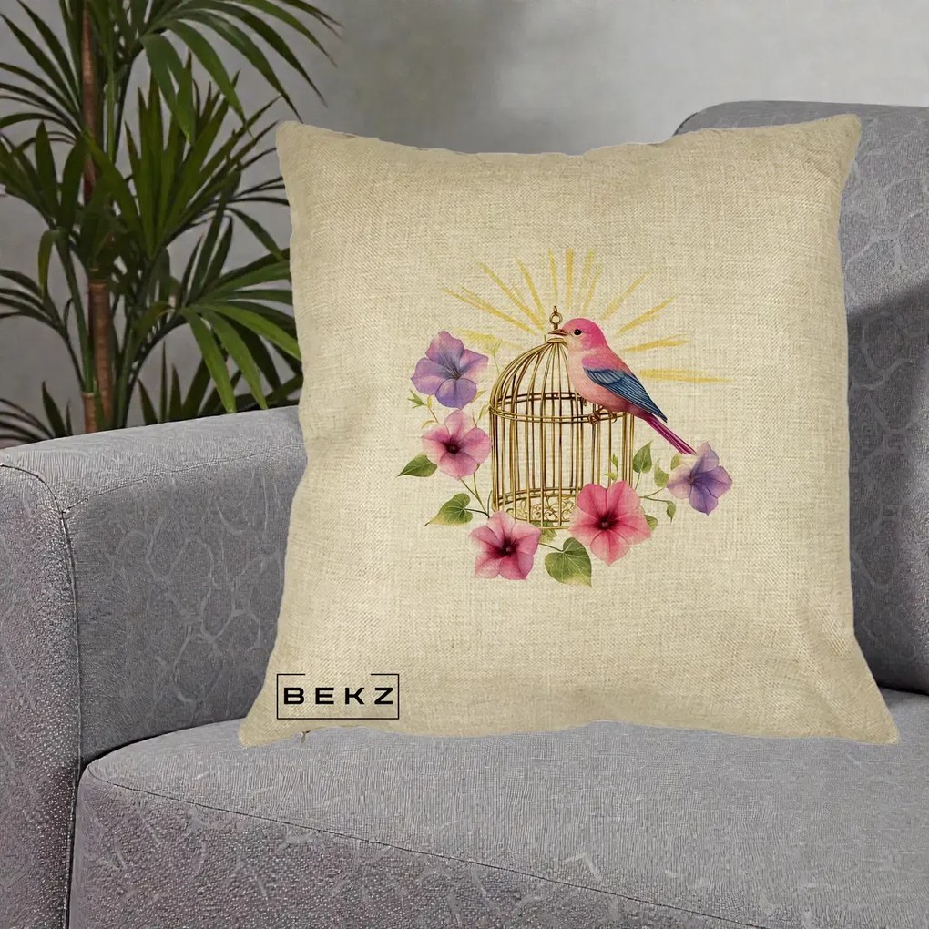Perna Decorativa Pasare Roz pe Colivie Aurie cu Flori, 40x40 cm, Crem, Husa Detasabila, Perna Inclusa, BEKZ®