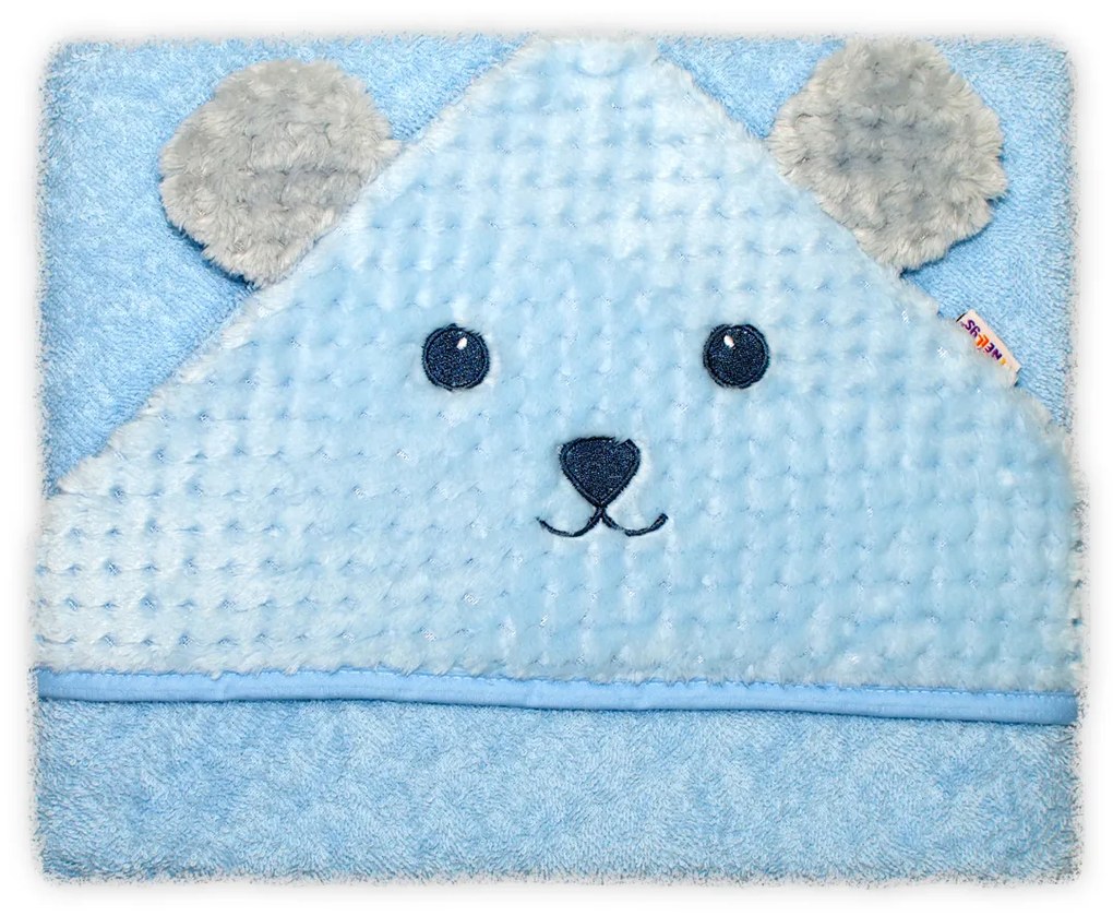 Prosop Terry cu glugă 100x100cm Baby Nellys Ursuleț de pluș - albastru 100 x 100
