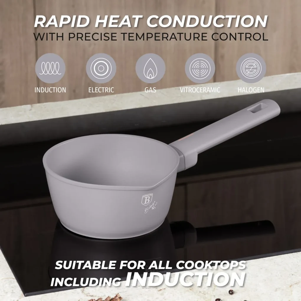 Oală pentru sos 16 cm, 1.2 L Berlinger Haus Taupe Collection BH 8087, cu strat antiaderent titan, ideală pentru încălzire și rețete rapide