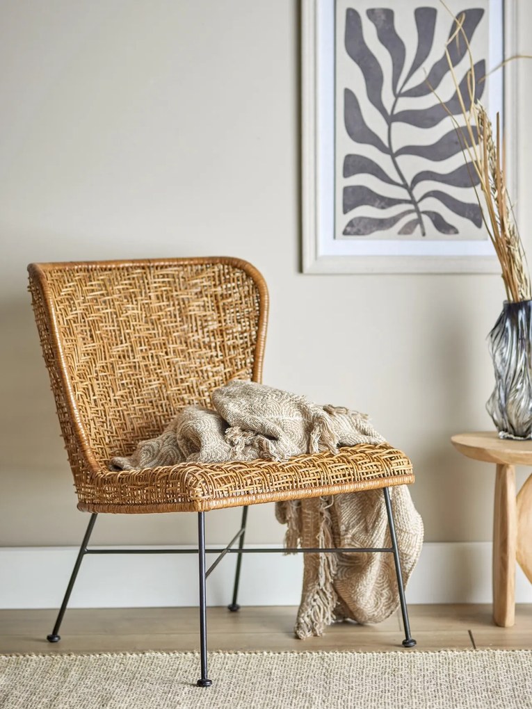 Fotoliu din rattan natural și metal, natur, cu cadru metalic negru, 69x59,5x81,5 cm, „Somme"