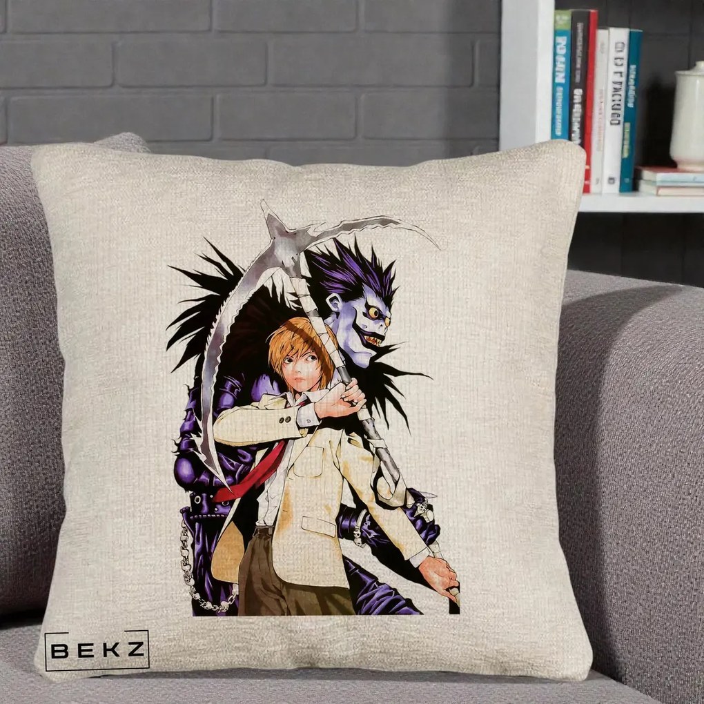 Perna Personalizata Death Note Light si Ryuk Duo, 40x40 cm, Bej Canapea, Husa Detasabila, Perna Inclusa, BEKZ®