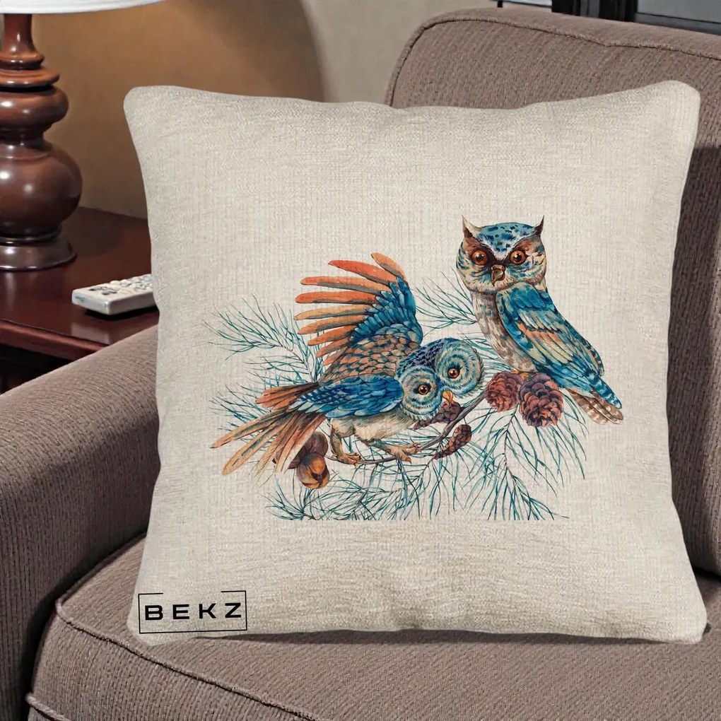 Perna Decorativa Bufnite de Iarna Albastre, 40x40 cm, Bej Canapea, Husa Detasabila, Perna Inclusa, BEKZ®