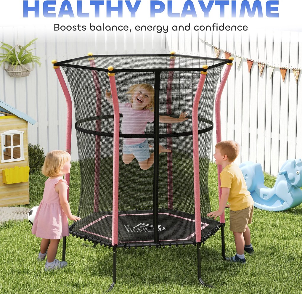 HOMCOM Trambulină Elastică pentru Copii 3-10 Ani cu Intrare cu Fermoar și Bare Căptușite, Ø163,5x190 cm, Roz | Aosom Romania
