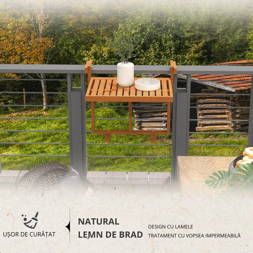 Outsunny Masă Suspendată de Exterior, Masă Reglabilă pentru Balustradă, Blat Suport cu Montare pe Perete, 68x65x40,5-55 cm, Tec | Aosom Romania