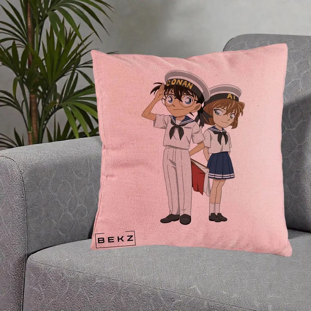 Perna Personalizata Detective Conan Conan si Ai Sailor, 40x40 cm, Roz, Husa Detasabila, Perna Inclusa, BEKZ®