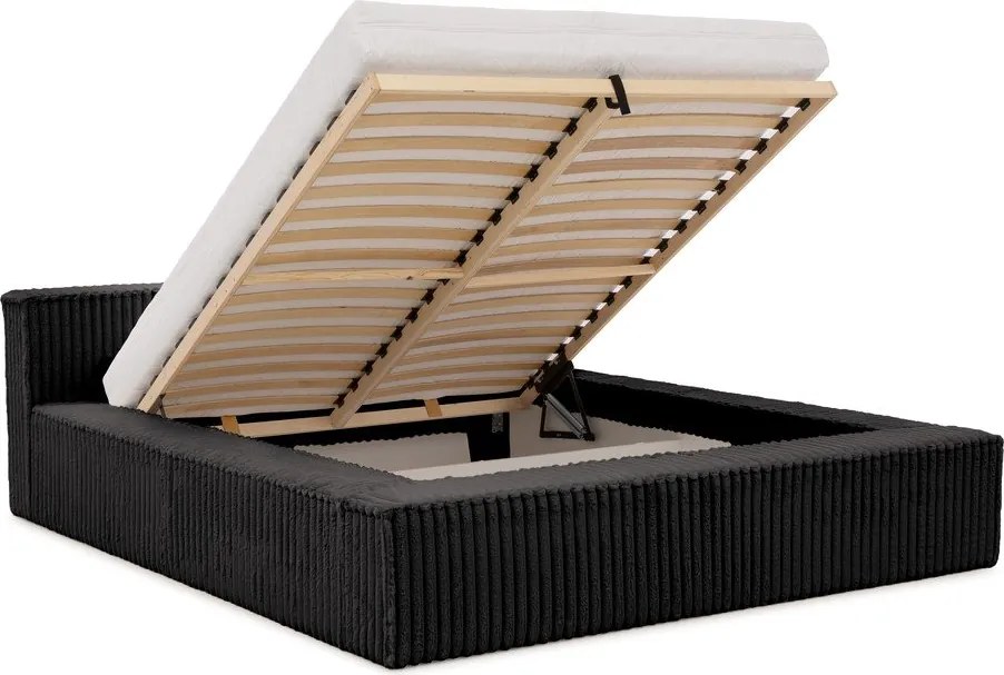 Pat matrimonial negru tapițat cu spațiu de depozitare cu somieră 200x200 cm Cloe – Ropez