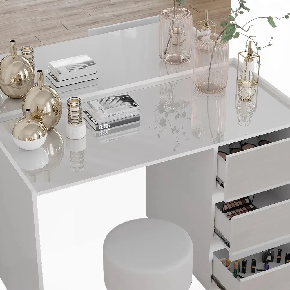 Masuta machiaj cu Oglinda LED si 3 Sertare pentru Cosmetice, Set Masa toaleta 120 cm, Alb Lucios, masuta cosmetica, vanity - SEA805