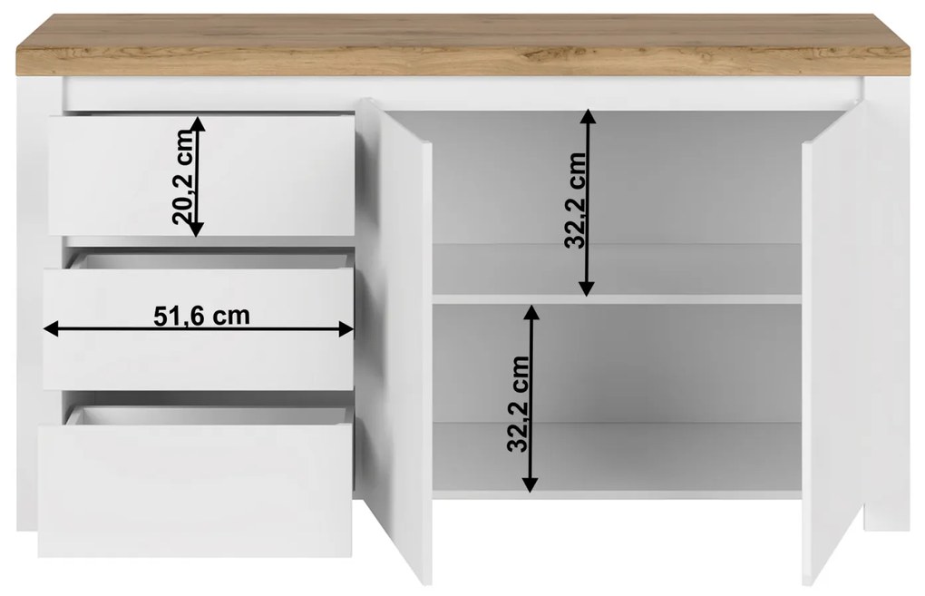 Comoda 2D3S, alb lucios  stejar wotan, VILGO