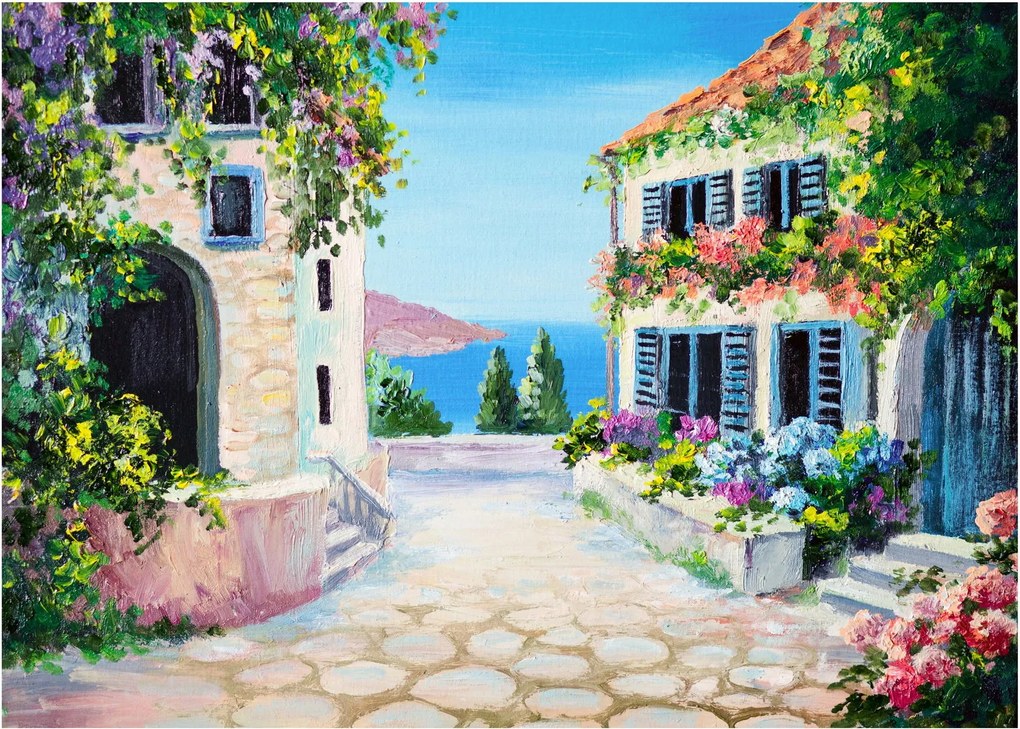 Tablou pe sticlă - Alee grecească, pictură în ulei (70x50 cm)