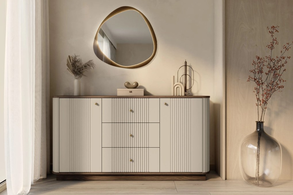 Comodă cu sertare pe soclu Vesper 160 cm - kashmir / nuc / mânere aurii