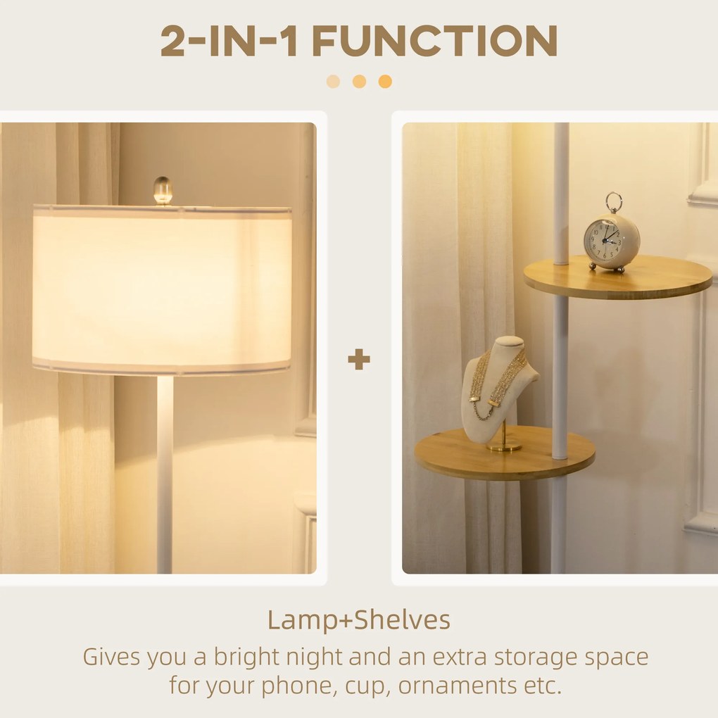 HOMCOM Lampa de podea cu 2 rafturi, Lampa de podea din metal si lemn cu abajur din material, Ø40x163cm, alb | AOSOM RO