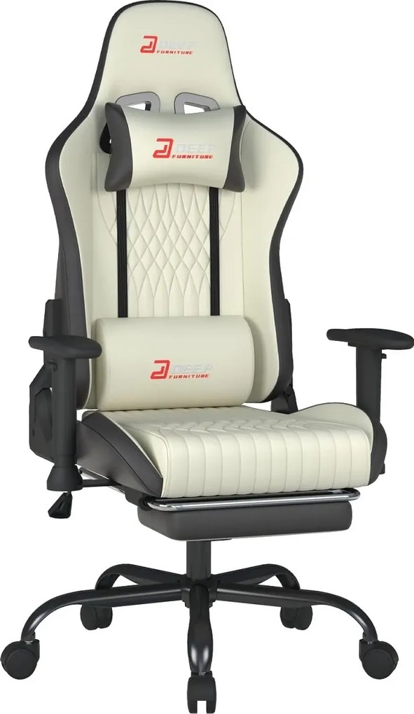 Scaun gaming, Pernă lombară cu Masaj vibrator, Suport pentru picioare, Cotiere 2D, piele PU, Alb