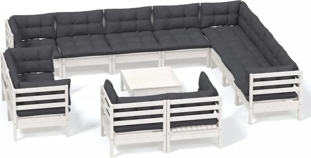 vidaXL Set mobilier grădină cu perne, 13 piese, alb, lemn masiv pin