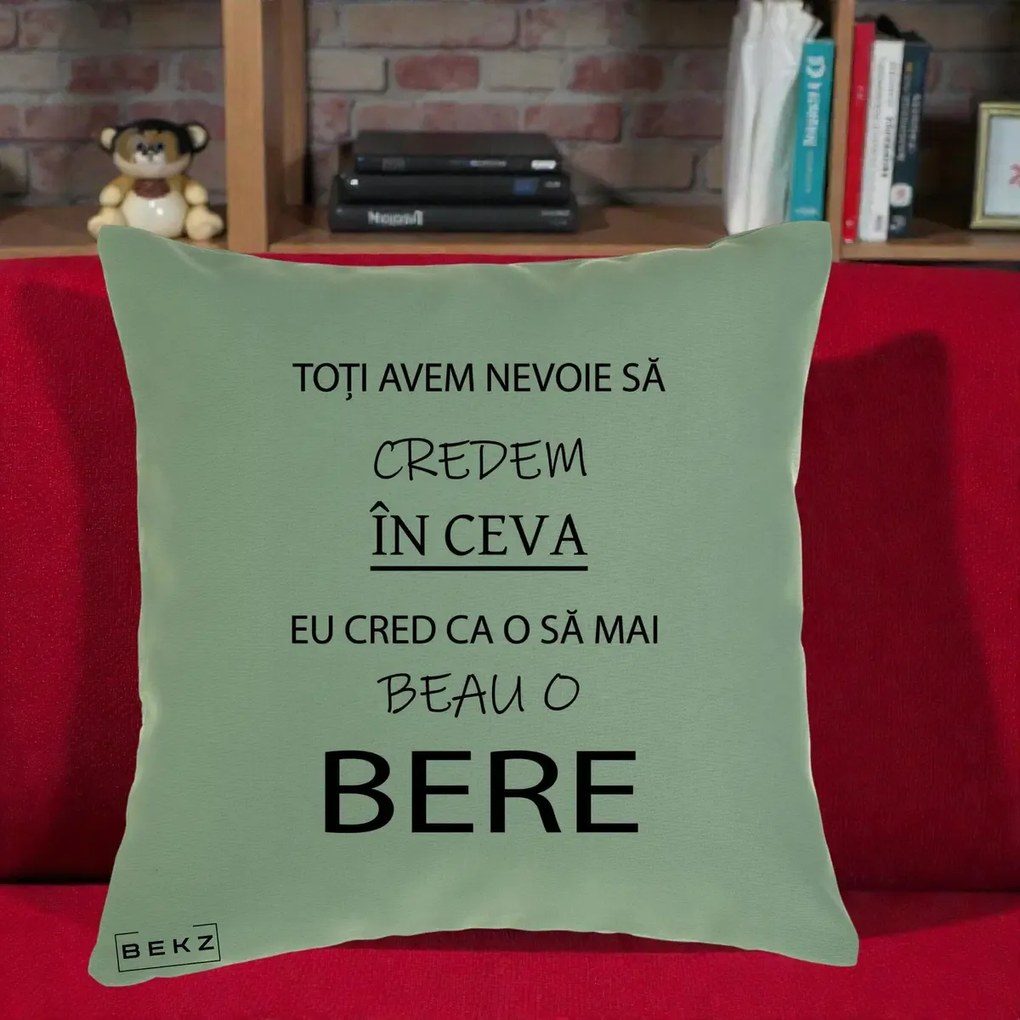 Perna Decorativa Eu Cred ca mai Beau o Bere, 40x40 cm, Verde, Husa Detasabila, Perna Inclusa, BEKZ®