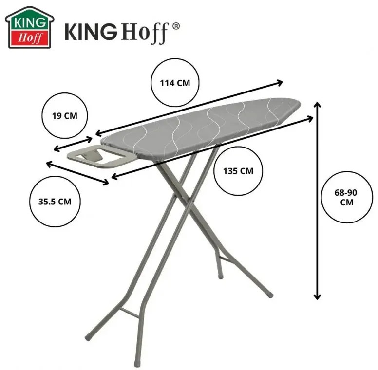 Masă de călcat Kinghoff KH 1939, 114x35.5 cm, 7 poziții de reglare, Suport pentru fier de călcat, Gri