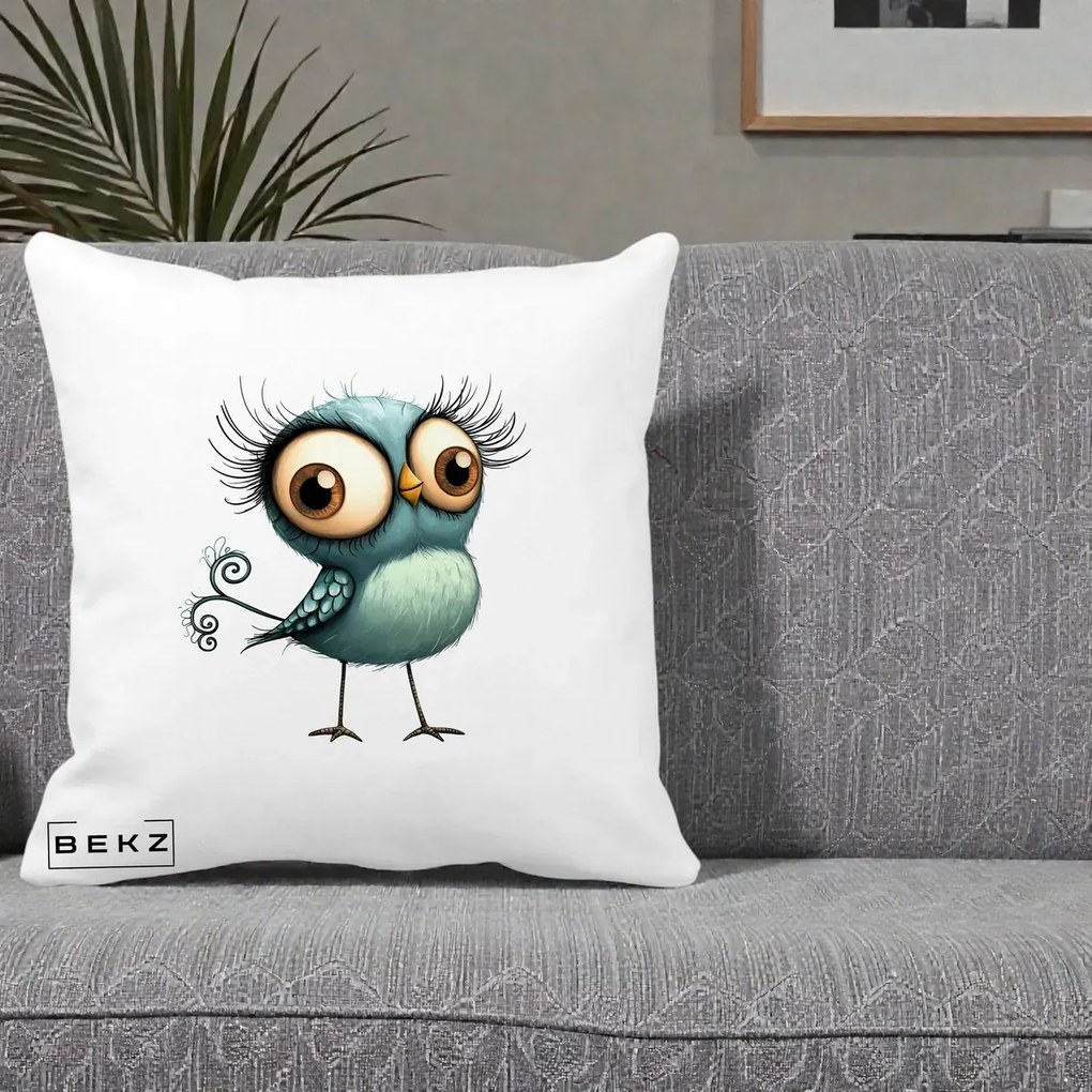 Perna Decorativa Pasare Teal cu Gene si Coada Spiralata, 40x40 cm, Alba Mata, Husa Detasabila, Perna Inclusa, BEKZ®