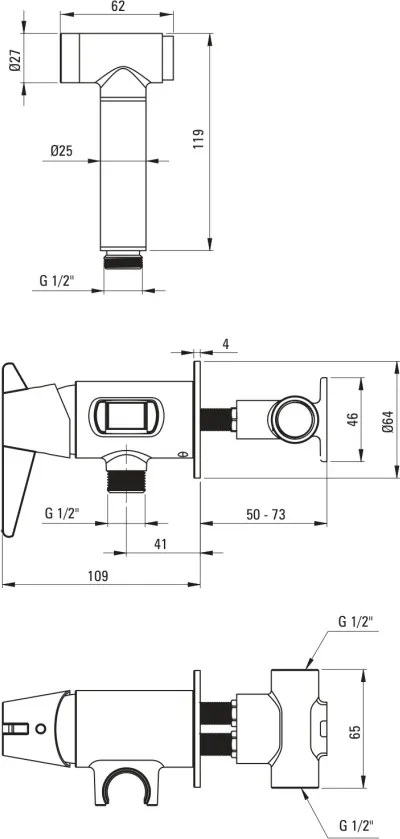 Temisto Baterie pentru bideu, îngropat, cu duș de mână tip bidetta BQT_034M