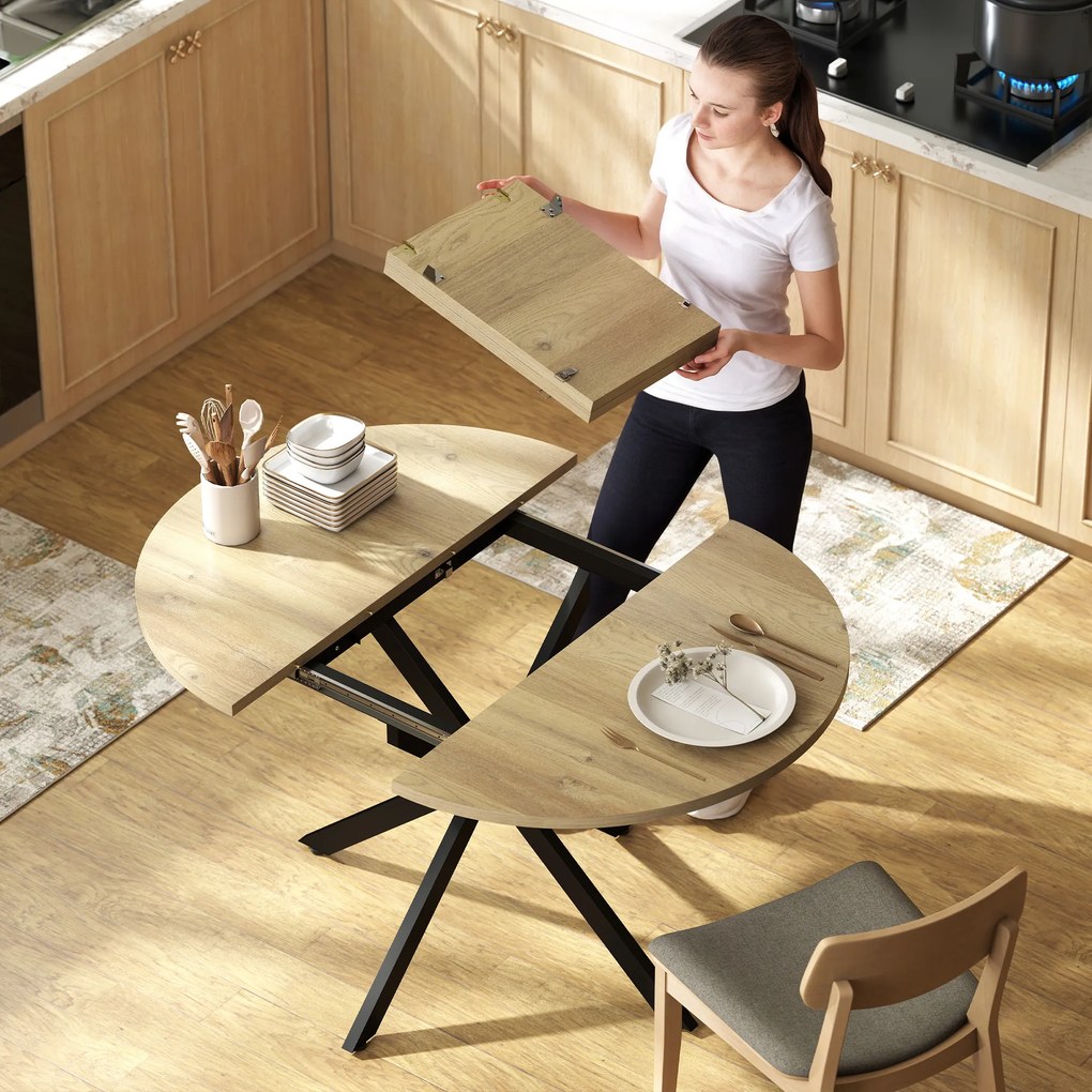 HOMCOM Extendable Dining Table for 4-6, 100-135 cm Industrial Kitchen Table with Butterfly Leaf and X-Shape Base, Round to Oval for Dining Room, Living Room, Natural Wood Finish | Aosom Romania