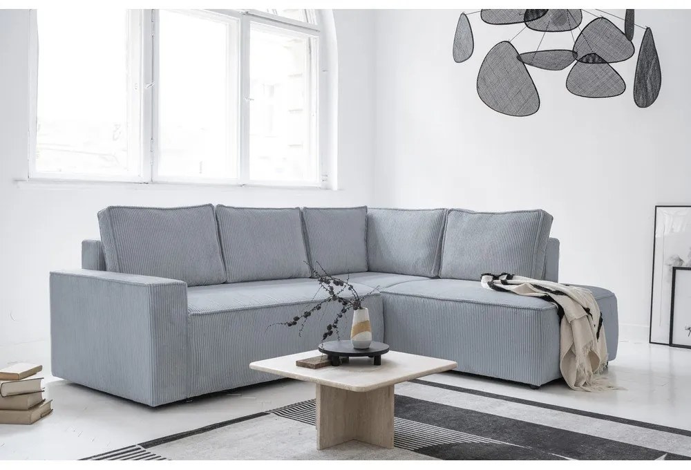 Colțar gri deschis extensibil cu tapițerie din catifea reiată (cu colț pe partea dreaptă) Brave Dave – Miuform