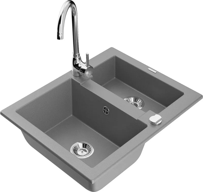 Mexen Carlos chiuvetă din granit cu 1,5 compartimente cu baterie de bucătărie Telma, gri - 6518-71-670200-00