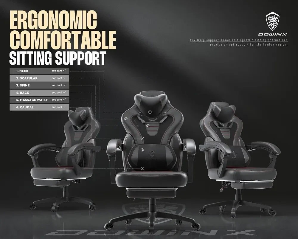 DOWINX Scaun gaming, ergonomic, suport lombar cu masaj, Șezut cu Arcuri Metalice și Spumă, Spătar înalt, rabatabil 90°-145°, Buzunar depozitare, Suport picioare, rezistent 150 kg, material PU respirabil, Negru/Gri