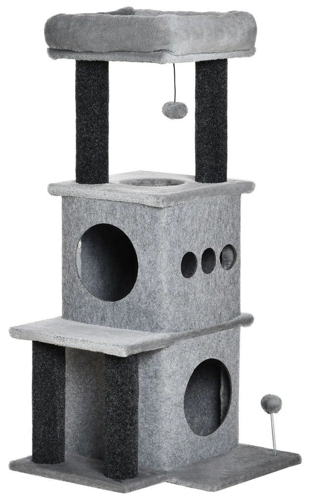 PawHut Arborișoare pentru pisici design cozy-chic multi-echipate centrul de activități cu zone, platforme, pat, joc cu bile, fețre detașabile și lavabile, plăci de particule, pluș scurt 48 x 48 x 100 cm gri | Aosom Romania