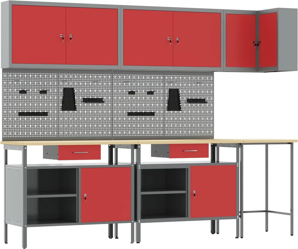 vidaXL Set de dulapuri de lucru cu sertar cu raft 10 pcs Roșu și gri