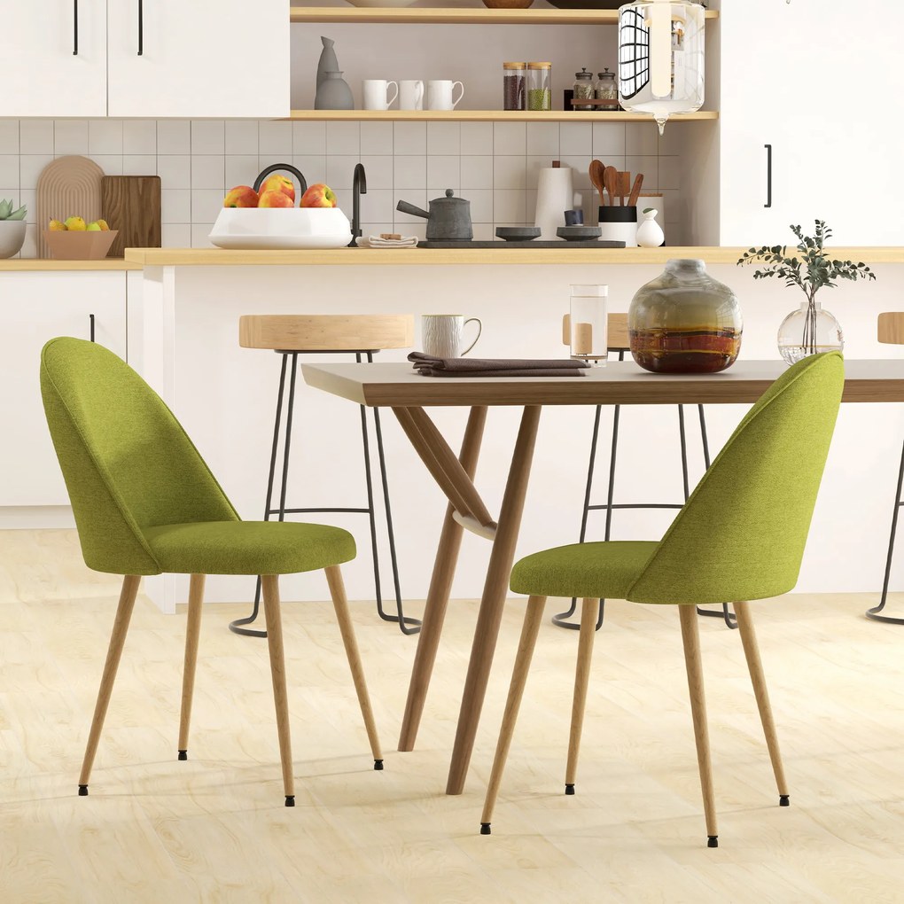 HOMCOM Set de 2 Scaune de Comedor Scaune de Bucătărie Căptușite cu Material din Lino cu Picioare din Oțel Suport 120 kg 50x52x83 cm Verde | Aosom Romania