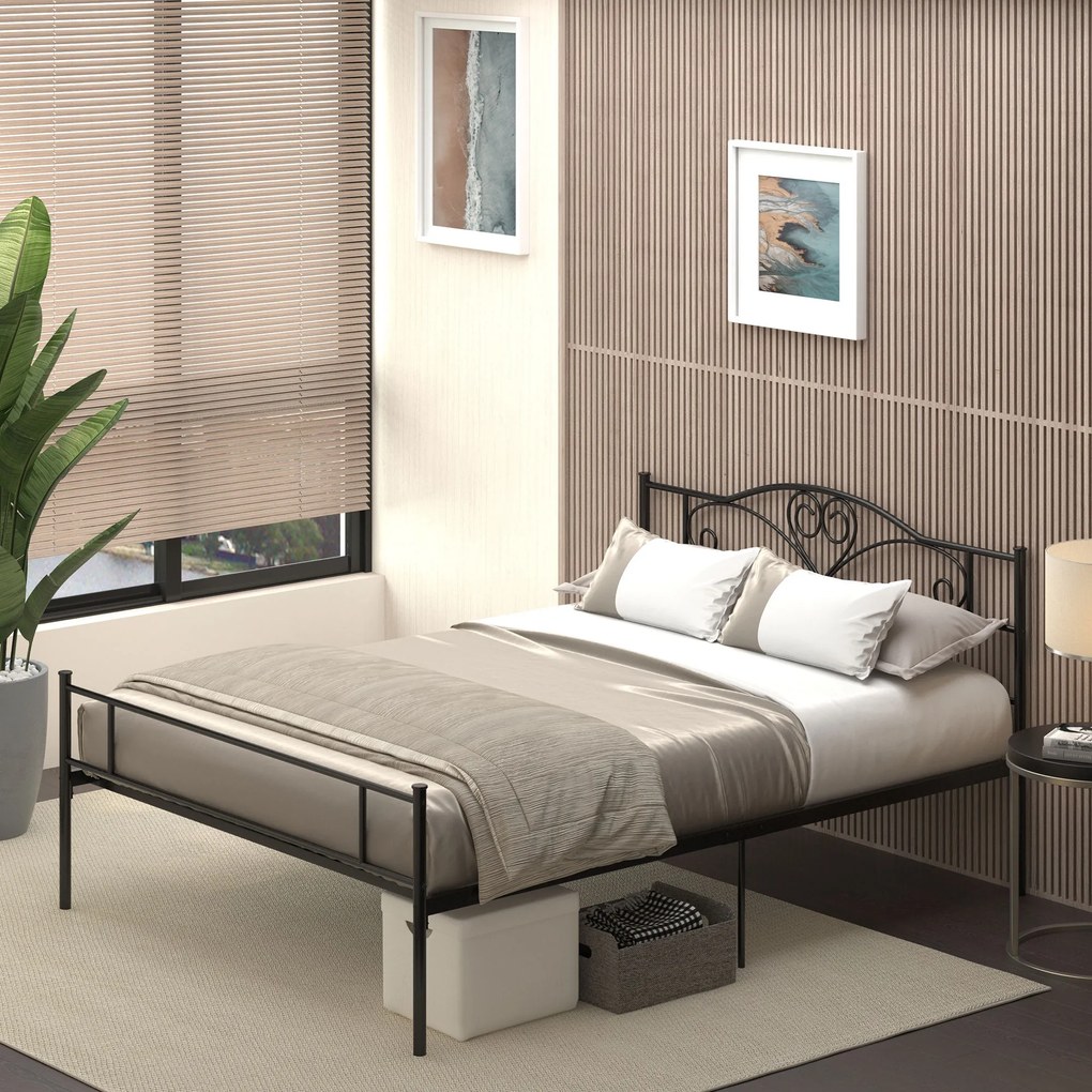 HOMCOM Cadru Pat de o Persoana, mai mare din Otel 140x200cm, Sipci Integrate si Tablie cap, Spatiu Inferior pentru Cutii, Negru | Aosom Romania