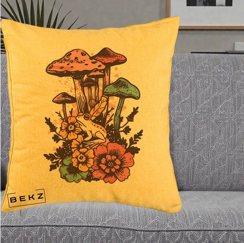Perna Decorativa Ciuperci si Broaste Boho, 40x40 cm, Galben, Husa Detasabila, Perna Inclusa, BEKZ®