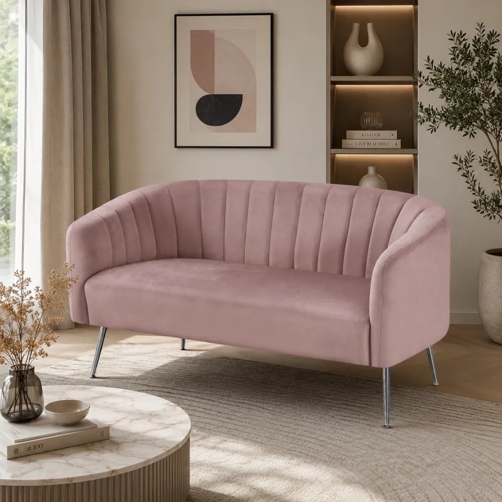 Canapea de design cu 2 locuri, ţesătură Velvet roz/crom-argintiu, BAGY