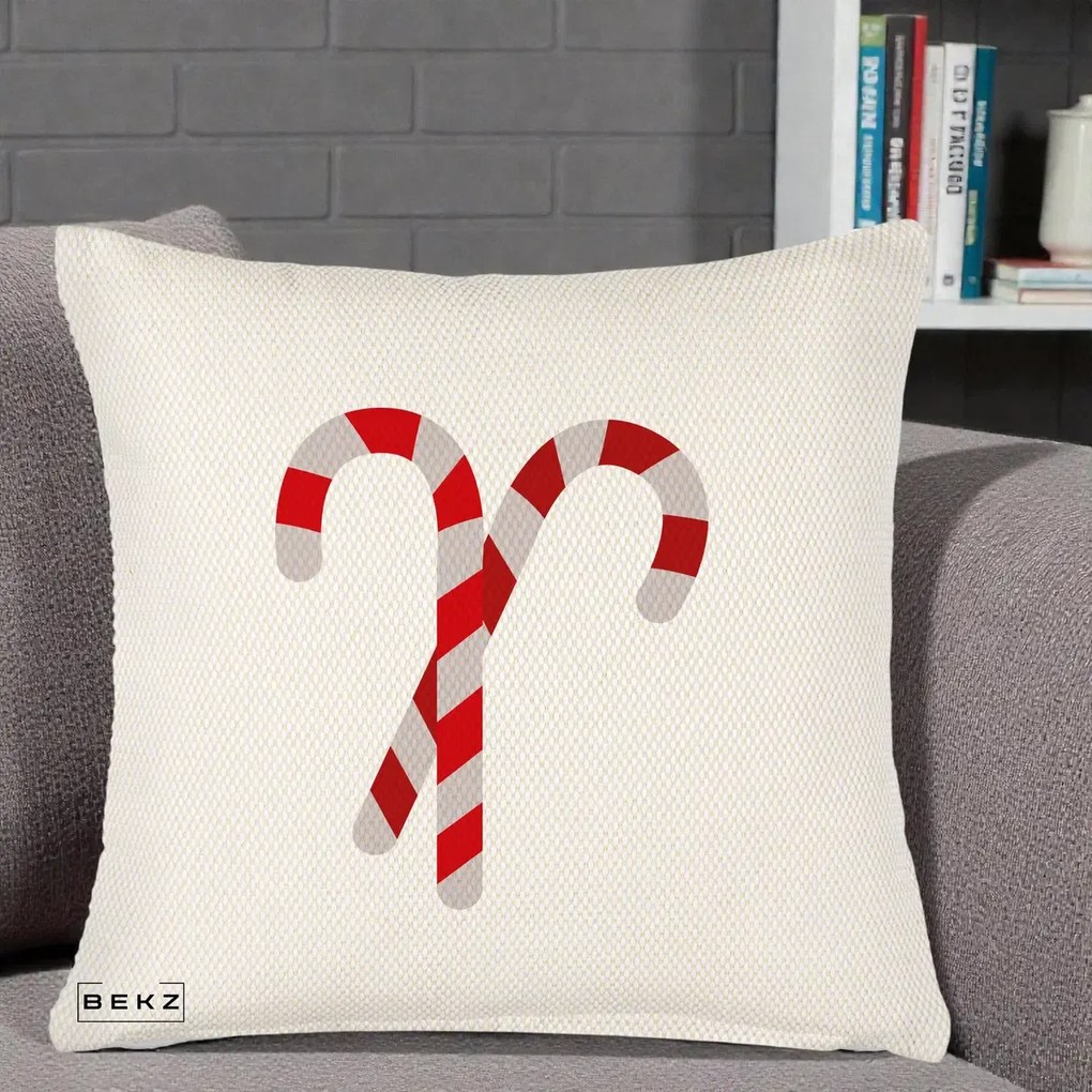 Perna Decorativa Candy Cane de Craciun, 40x40 cm, Crem Reliefat, Husa Detasabila, Perna Inclusa, BEKZ®